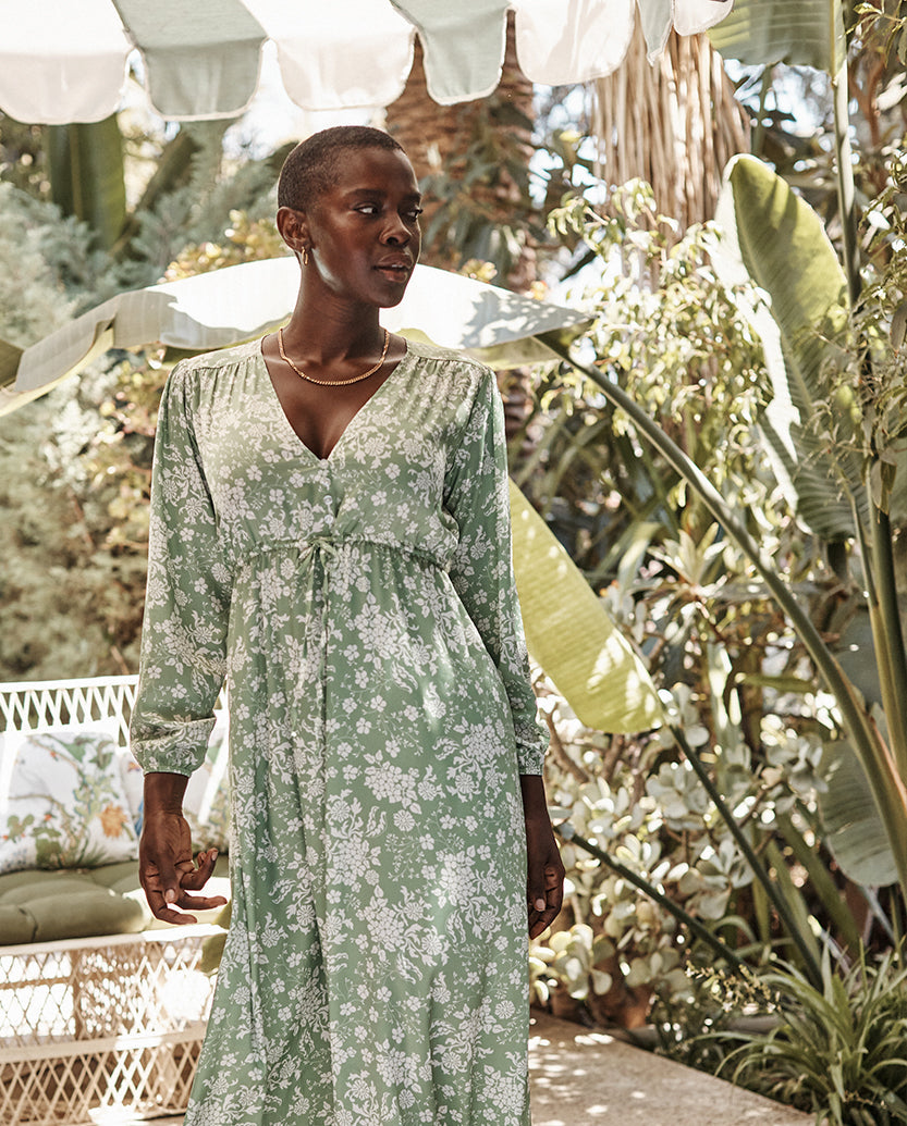 The Cinched Waist Caftan Dress - Vintage Floral In Ivy