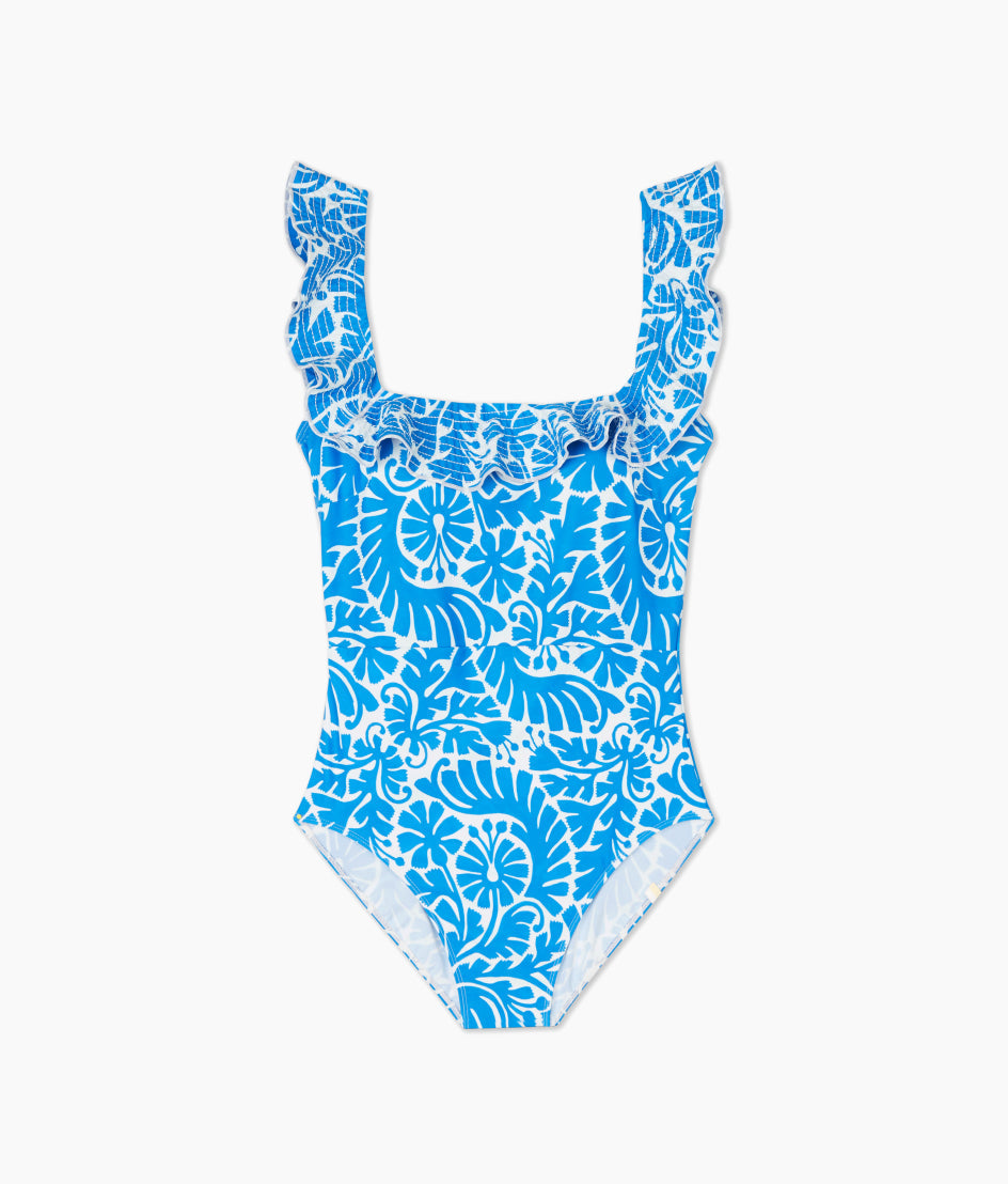The Ruffle Seaway Square Neck One-Piece - Floral Wave In Azure