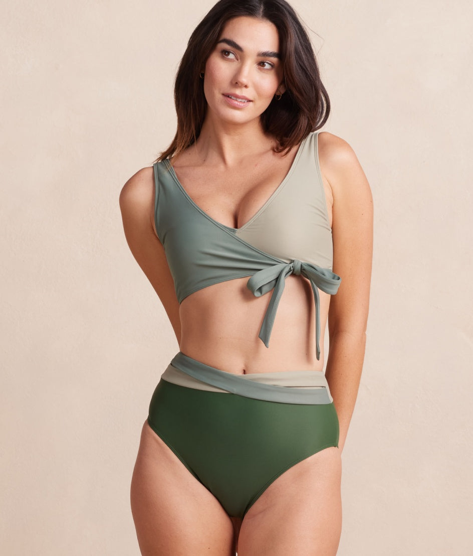 The Wrap High Leg High Rise Bikini Bottom - Olive & Palm & Pebble