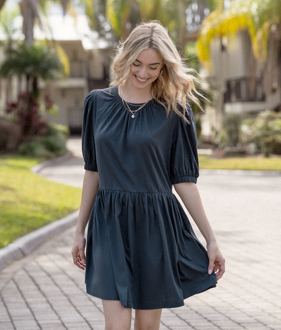  The Luxe Pima Puff-Sleeve Mini Dress - Midnight