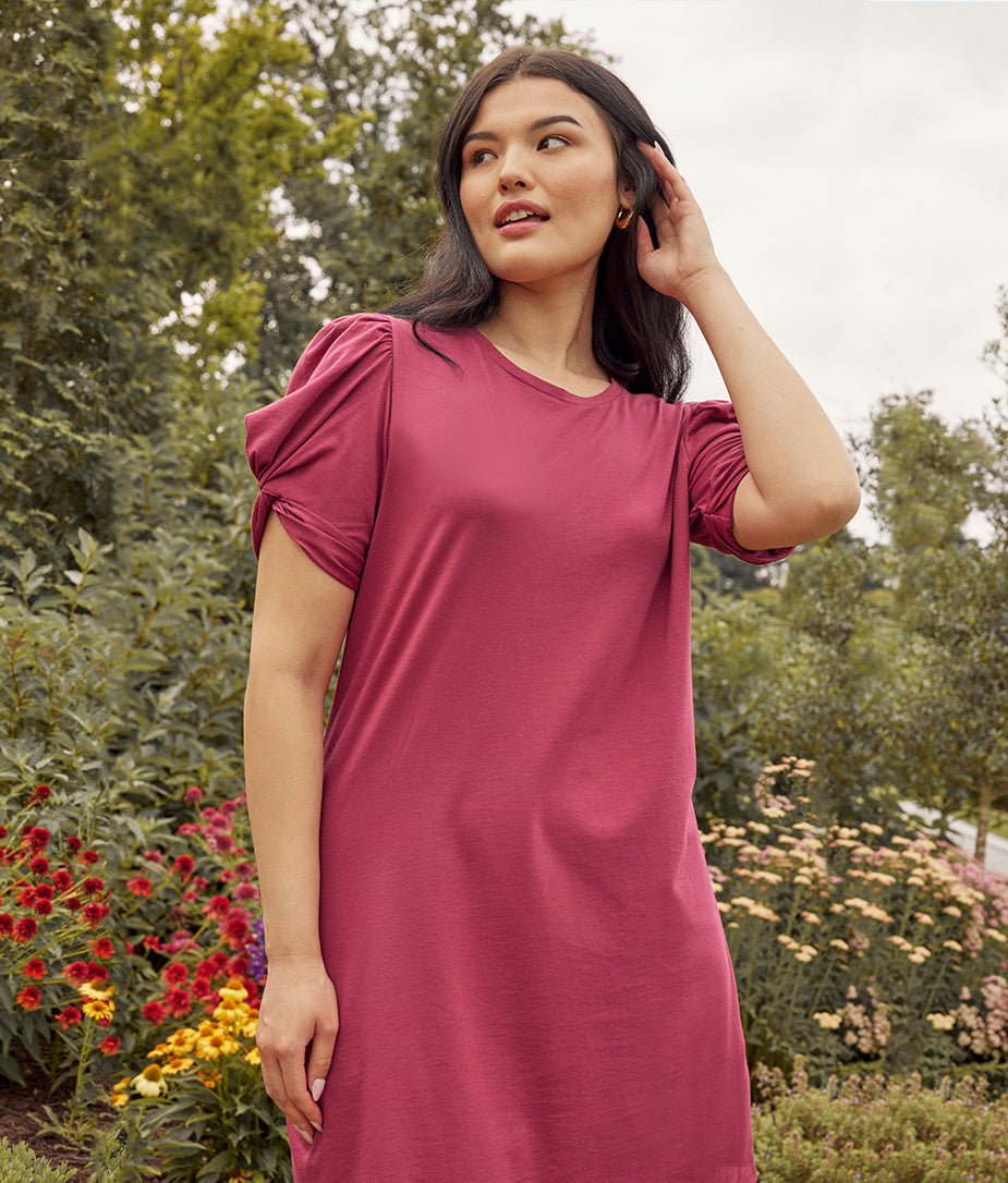  The Luxe Pima Twist-Sleeve T-Shirt Dress - Currant