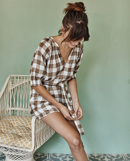  The Silky Paper Bag Short - Gingham In Cafe Au Lait