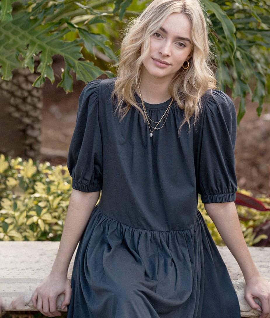  The Luxe Pima Puff-Sleeve Mini Dress - Midnight