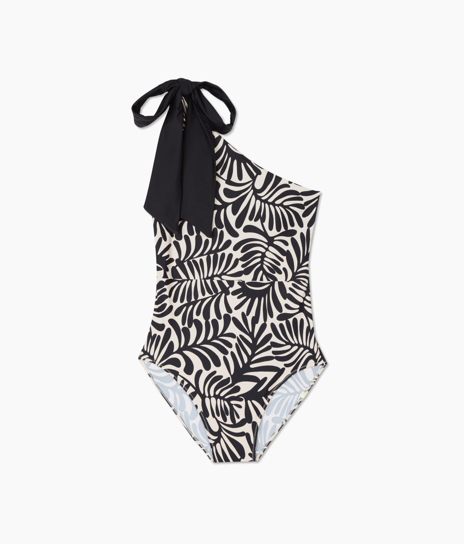  The Long Torso Bow-Shoulder Ruched Sidestroke - Abstract Palm In Sea Urchin & White Sand