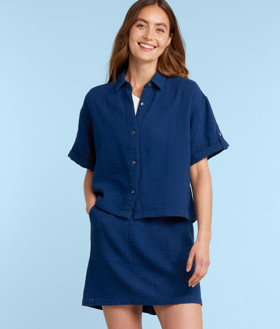  The Cloud Gauze Boxy Cropped Button-Up Shirt - Deep Sea