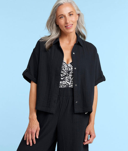  The Cloud Gauze Boxy Cropped Button-Up Shirt - Sea Urchin