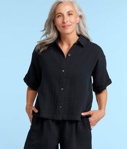  The Cloud Gauze Boxy Cropped Button-Up Shirt - Sea Urchin