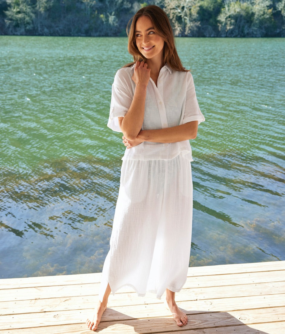  The Cloud Gauze Boxy Cropped Button-Up Shirt - White Sand