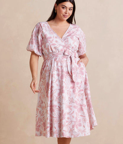 The Coastal Poplin Puff-Sleeve Wrap Midi Dress - Batik Floral In Faded Rose & White Sand