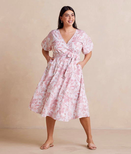  The Coastal Poplin Puff-Sleeve Wrap Midi Dress - Batik Floral In Faded Rose & White Sand