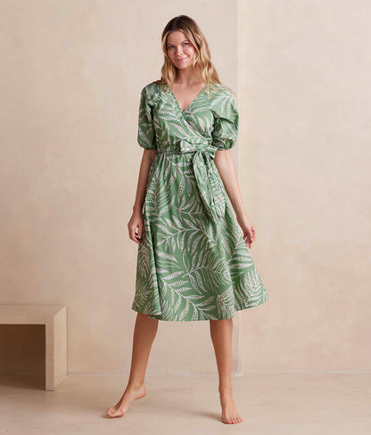  The Coastal Poplin Puff-Sleeve Wrap Midi Dress - Dotted Palms In Seagreen & White Sand