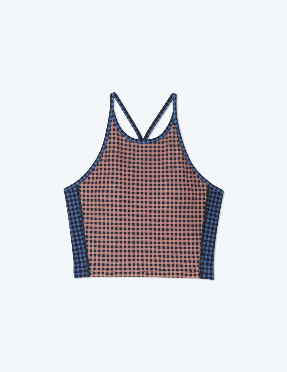  The High Neck Midi Sports Bra Tank - Gingham In Blue Mountain & Toffee