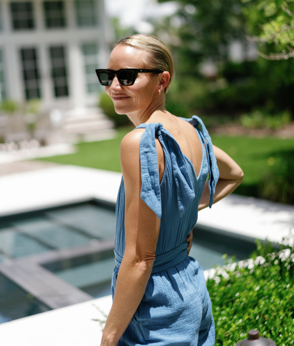  The Going Places Gauze Tie-Shoulder Jumpsuit - Cyprus Blue