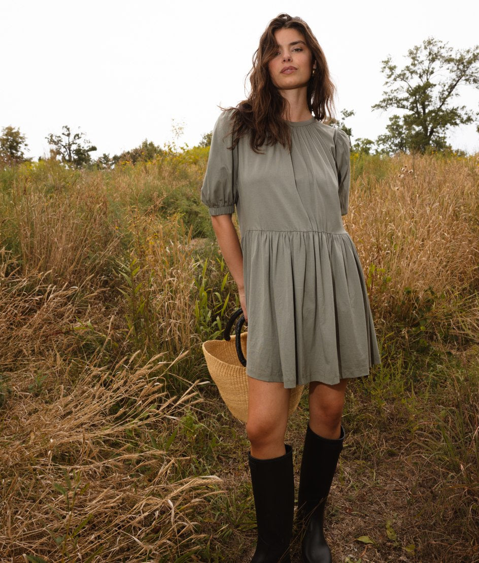  The Luxe Pima Puff-Sleeve Mini Dress - Agave
