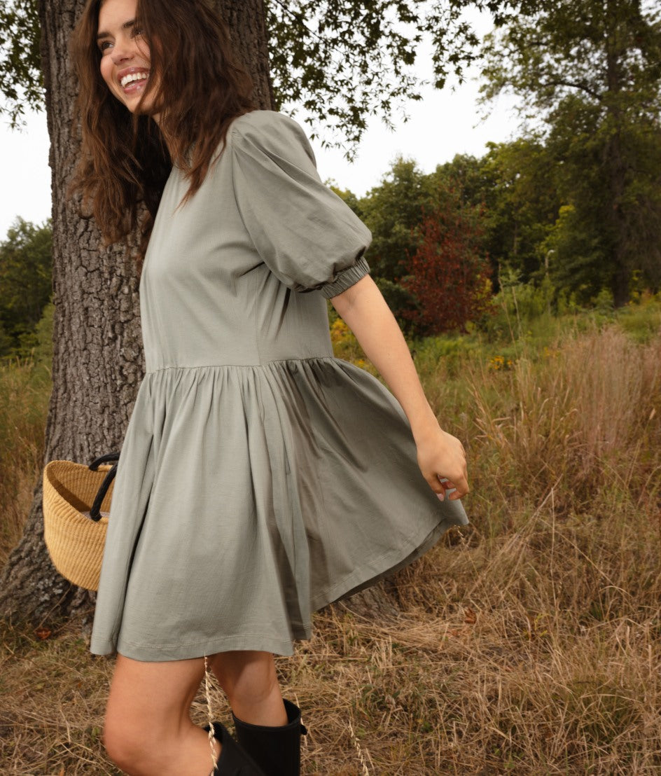  The Luxe Pima Puff-Sleeve Mini Dress - Agave