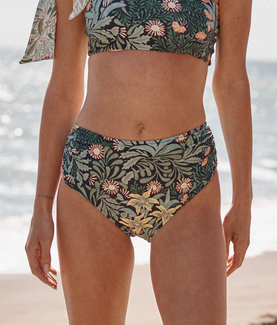  The Ruched High Leg High Rise Bottom - Bower In Seaglass & Watermelon