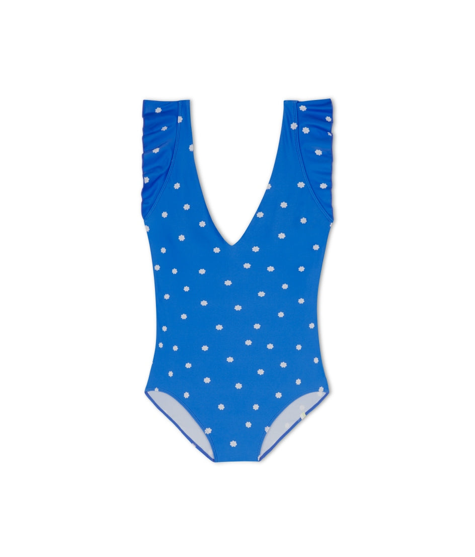  The Long Torso Ruffle Backflip - Microfloral In Azure & White Sand