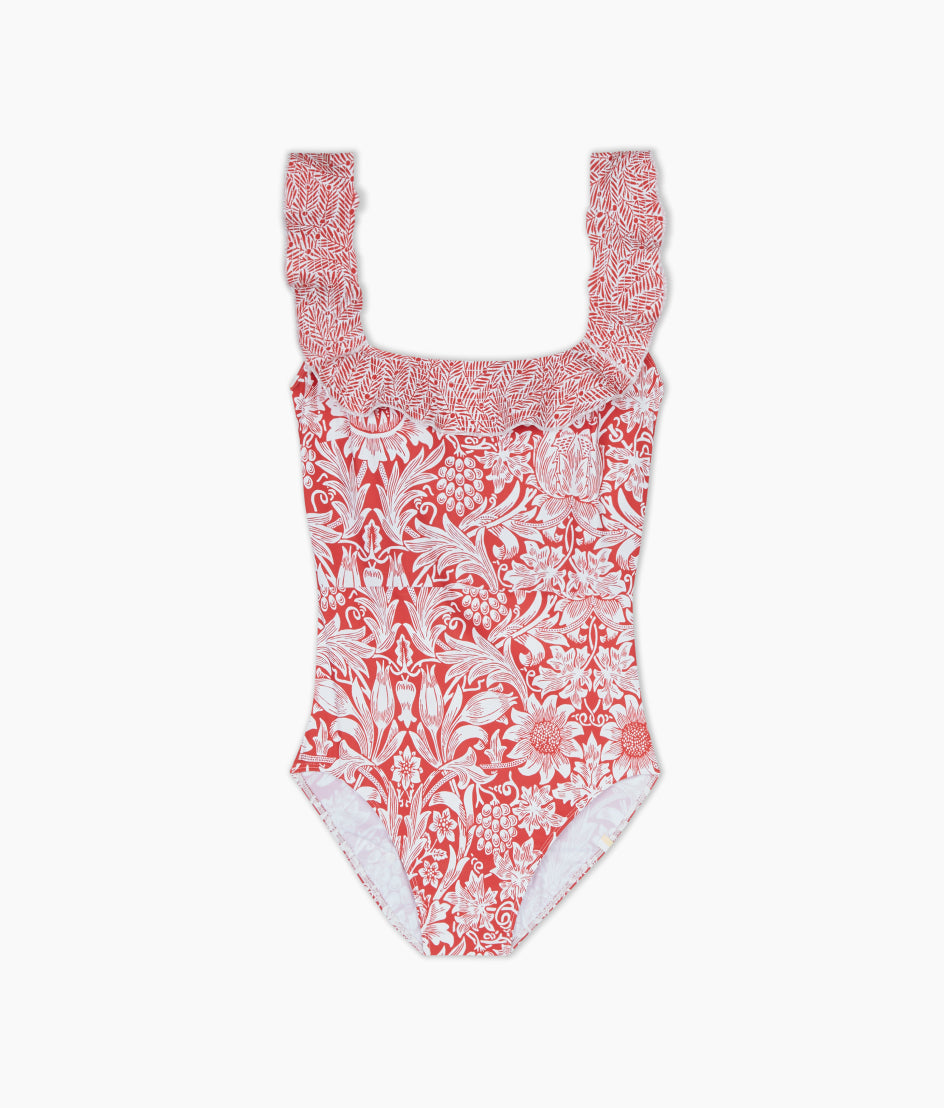  The Ruffle Seaway Square Neck One-Piece - Sunflower And Yew & Aril In Watermelon