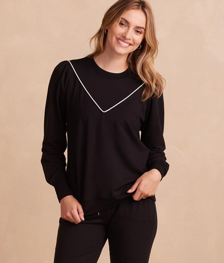  The Softest French Terry Contrast Puff-Sleeve Pullover - Sea Urchin & White Sand