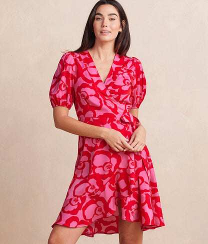  The Silky Luxe Puff Sleeve Beach To Brunch Wrap Dress - Pop Floral In Lava