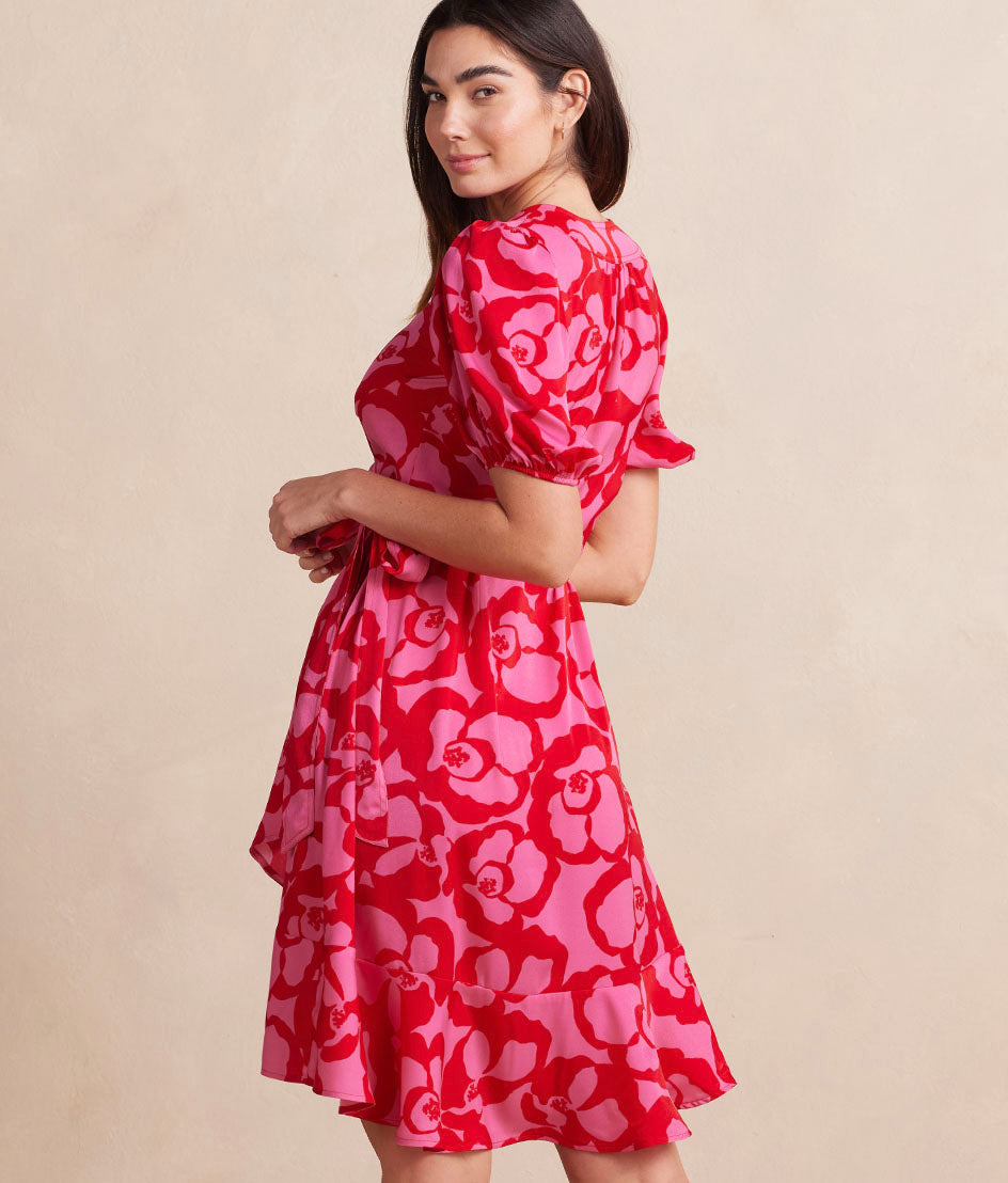  The Silky Luxe Puff Sleeve Beach To Brunch Wrap Dress - Pop Floral In Lava