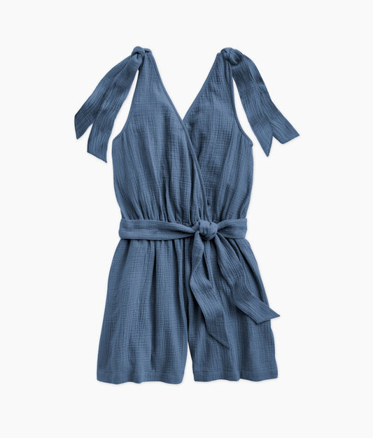  The Going Places Gauze Tie-Shoulder Romper - Cyprus Blue